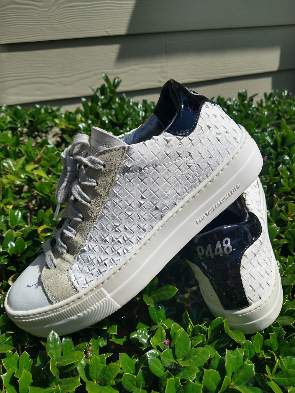 P448 Women's White and Gray Woven Low Top Leather Sneakers